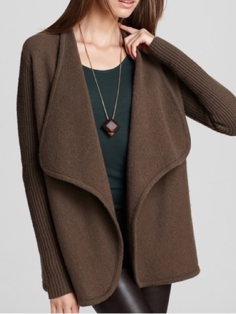 Vince 100% Wool Open-Front Draped Knit Jacket in Brown - Picture 6 of 7